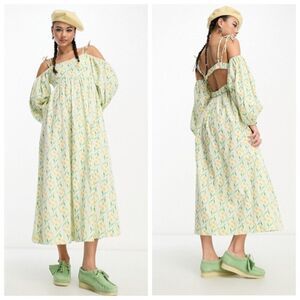 Damson Madder Edwina Floral Midi Dress Women’s Size 12 Yellow Cottagecore New